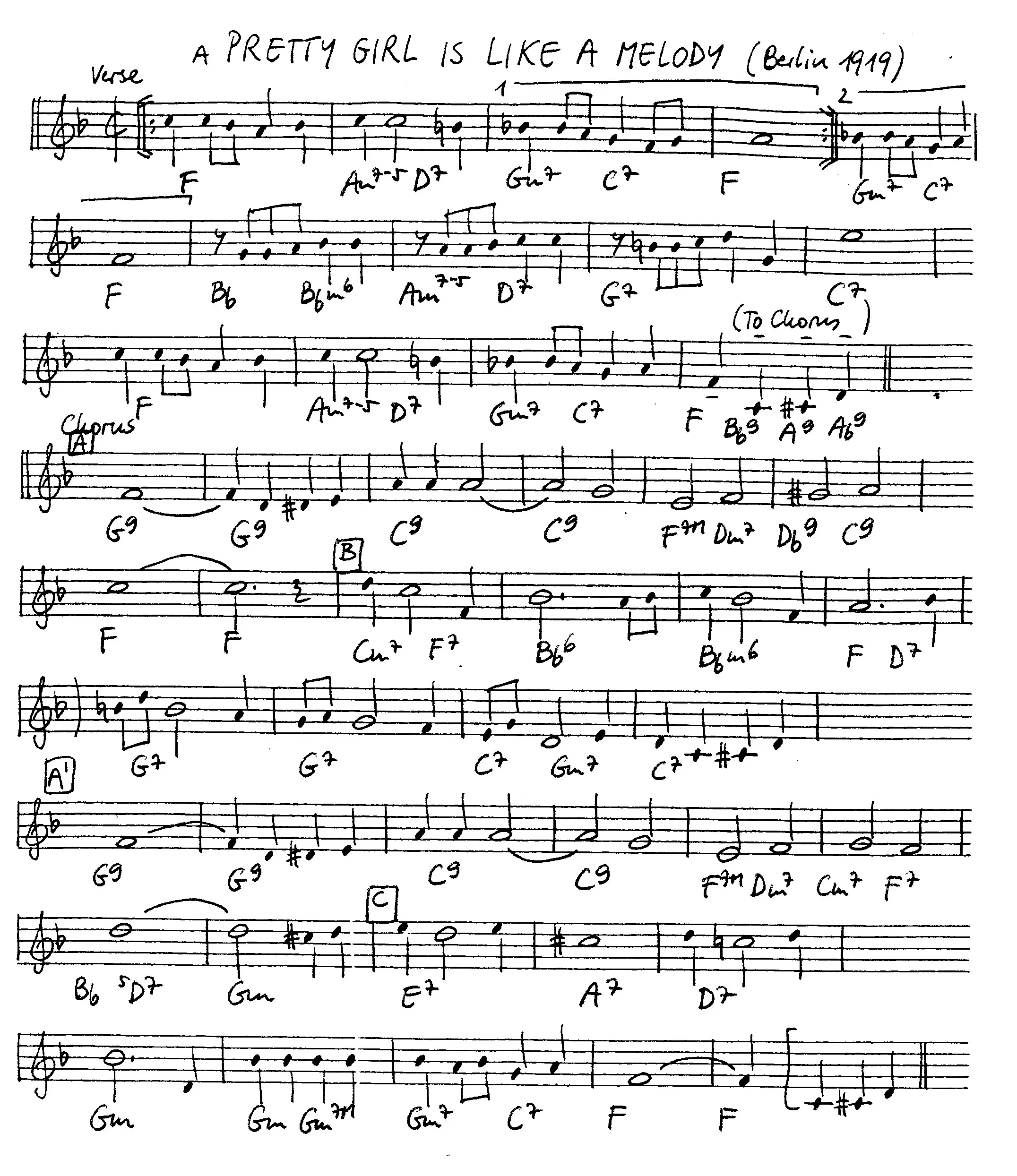 a pretty girl is like a melody free jazz leadsheet - Courtesy of the Jungle Jazz Band